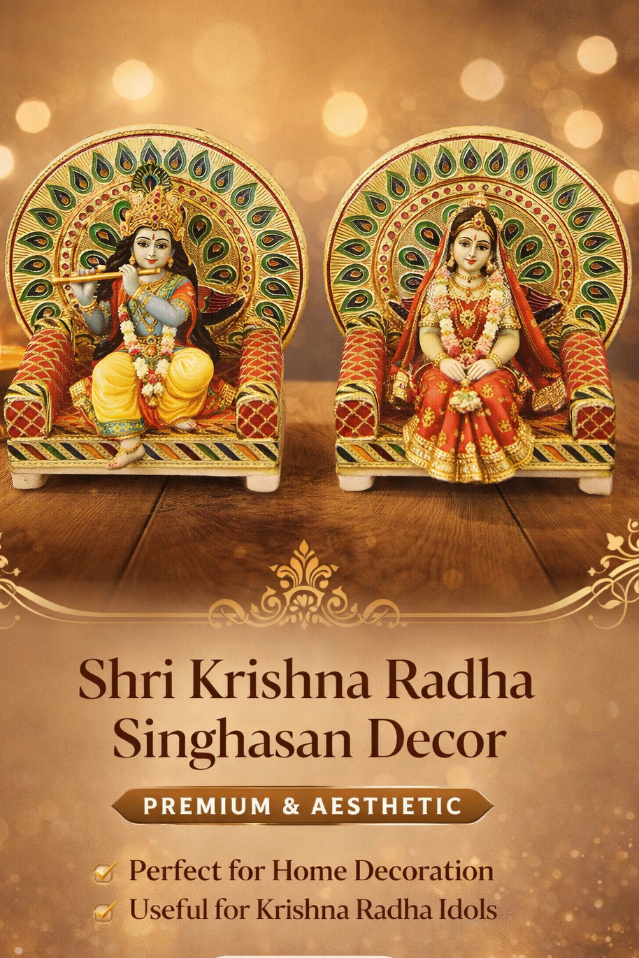 Decorative Shri Krishna and Radha statues with a warm background and promotional text.