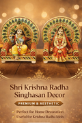 Decorative Shri Krishna and Radha statues with a warm background and promotional text.