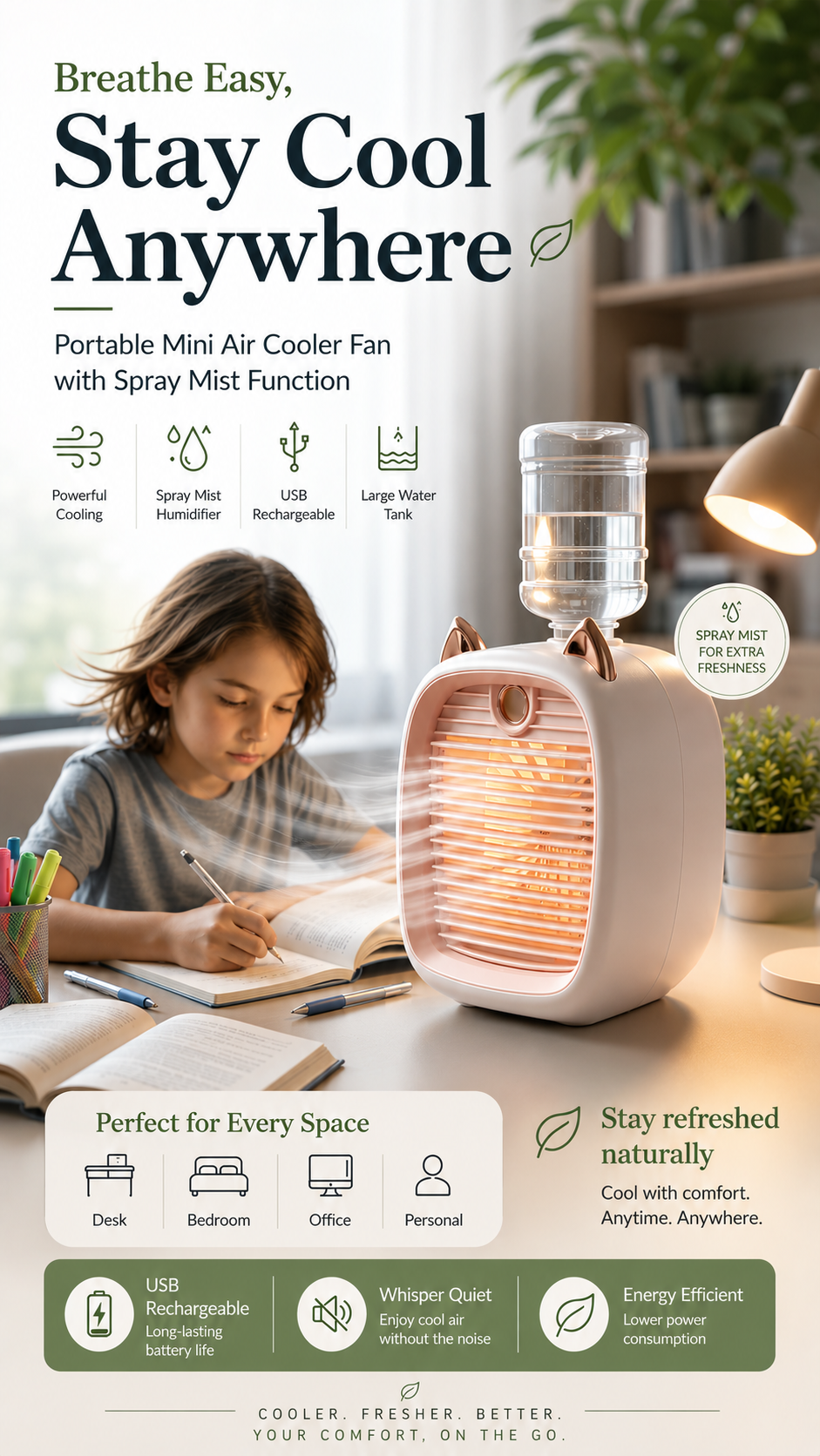Portable Mini Air Cooler Fan with Spray Mist Function