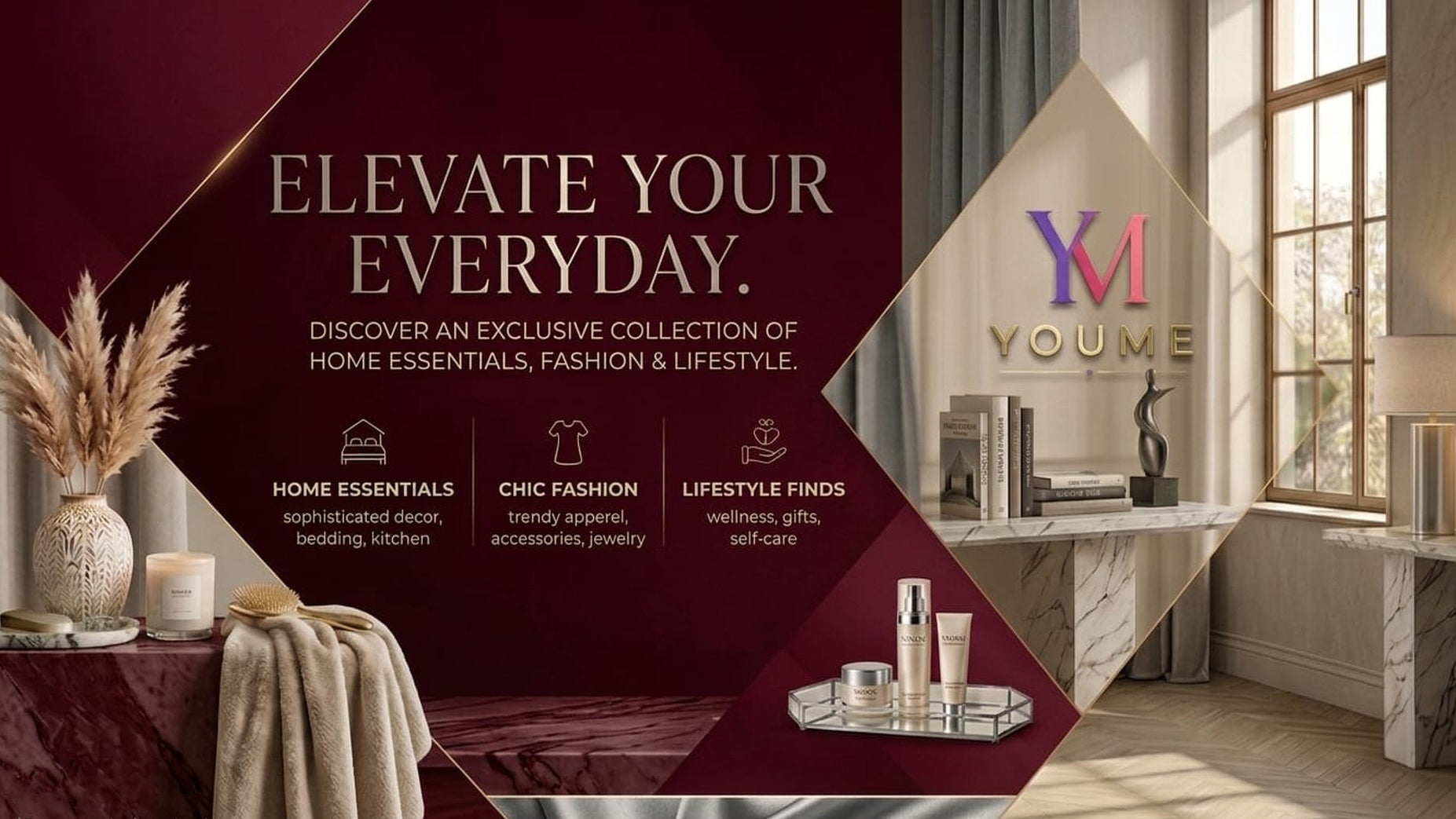 Advertisement for YOUME with home decor items and lifestyle branding.