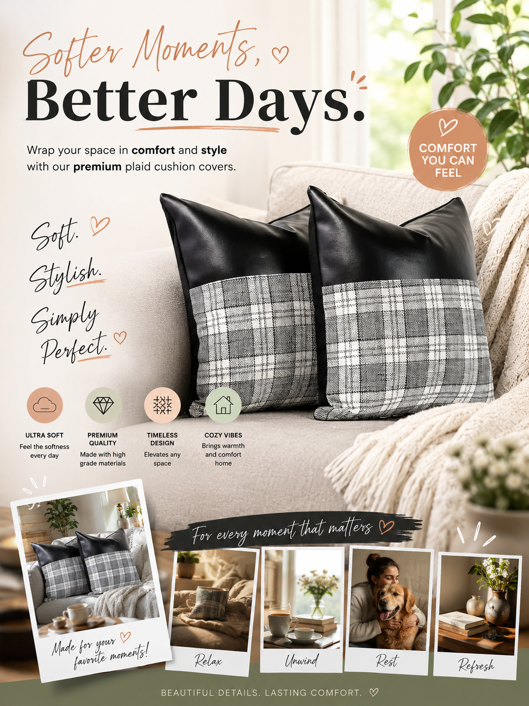 Aesthetic Pillow Cover's Cushion Cases, Soft Leather and Cotton