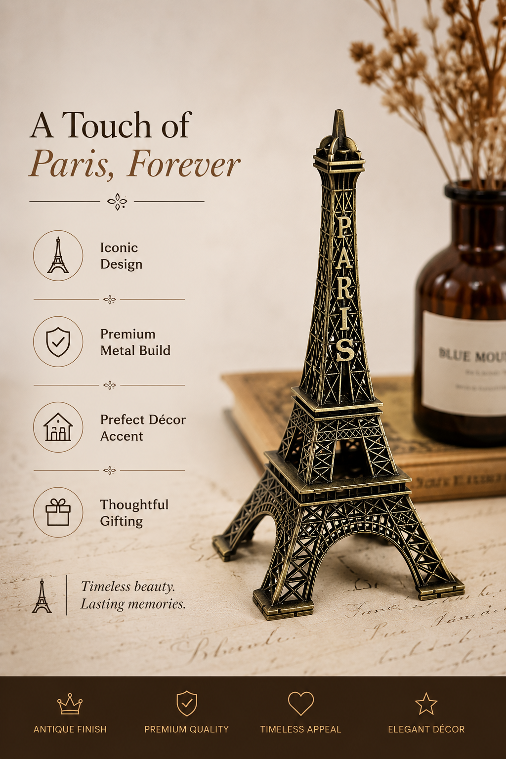 Antique Finish 3D Metal Paris Eiffel Tower, Decorative Showpiece.