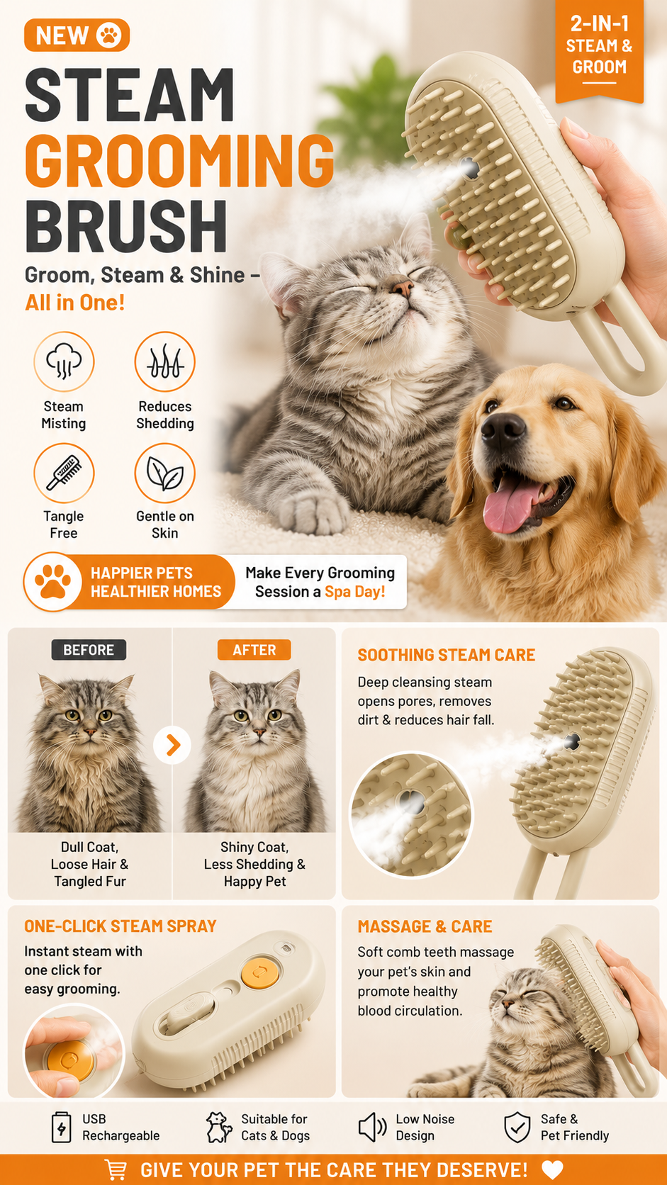 Pet Spa Steam Grooming Brush