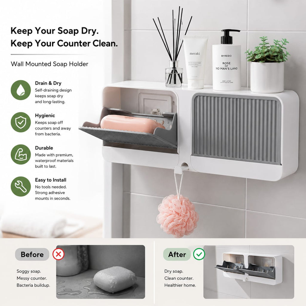 Wall-Mounted 4-Compartment Bathroom Organizer & Soap Holder