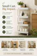White three-tier cart with storage solutions in various rooms, emphasizing organization.