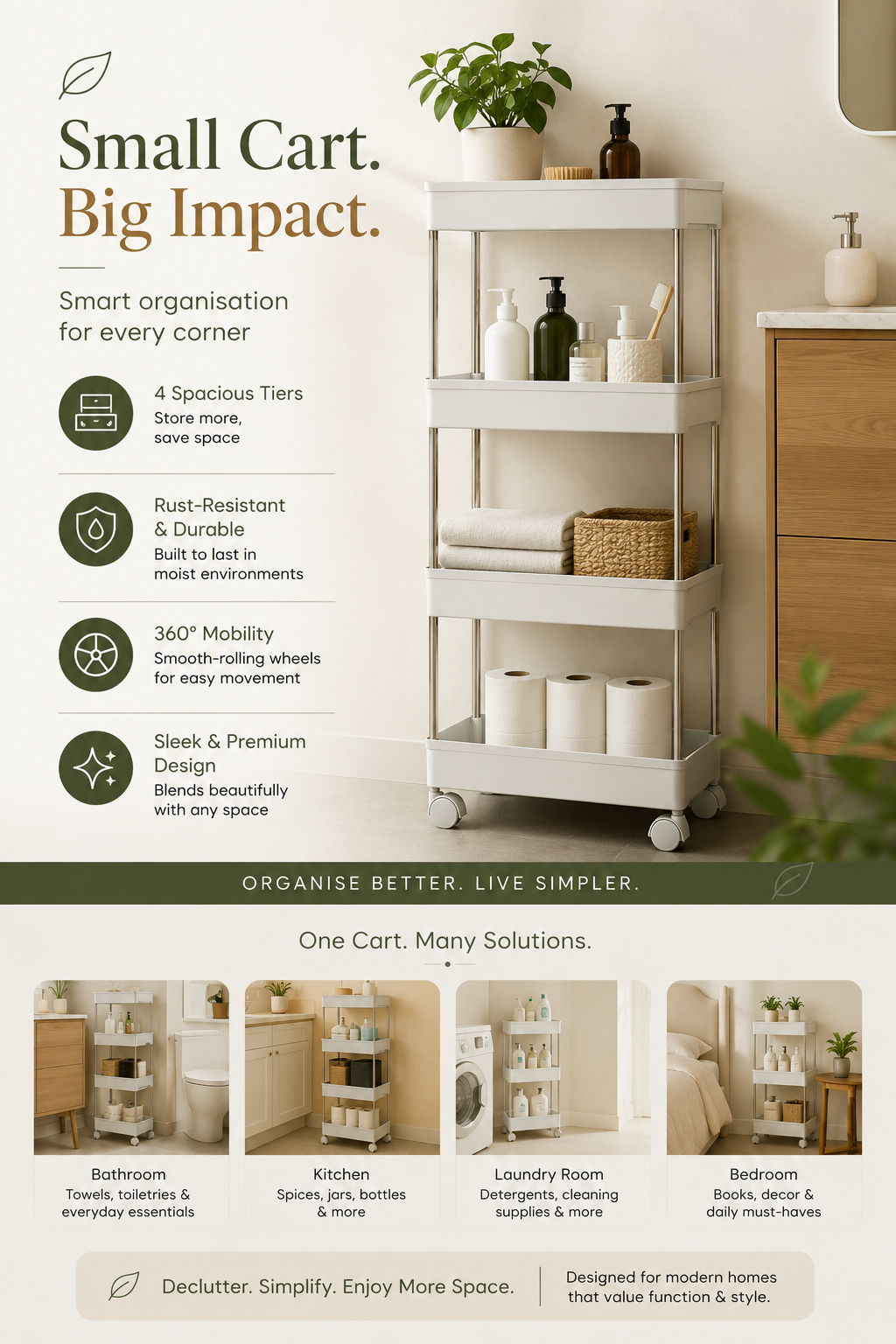 White three-tier cart with storage solutions in various rooms, emphasizing organization.